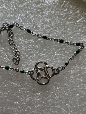 Hand Crafted Silver-Tone Celtic Knot Bracelet with Green Beads